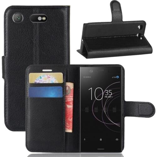 100pcs/lot Lichi wallet PU Leather stand+TPU Cover Case with card slot For Sony Xperia XZ1 Compact