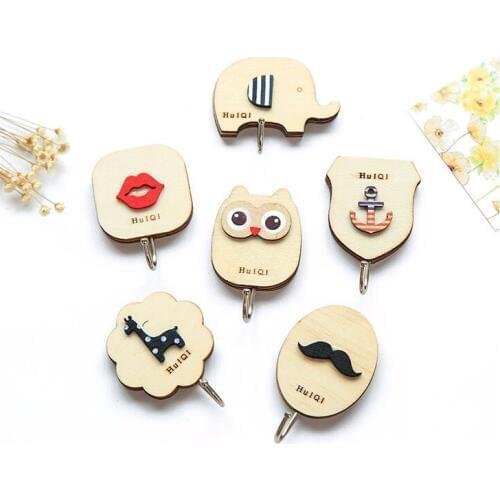 120pcs Wooden Wall Hooks Door Living Room Bedroom Home Strong Adhesive Hook Hanger Cartoon Wall Hanger WB158