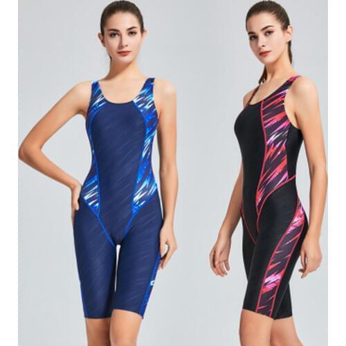2020 Quick Dry Swimwear Professional Knee Length Round Neck Swimsuit Women One Piece Sport Bathing Suit Rashguard Surf Plus Size