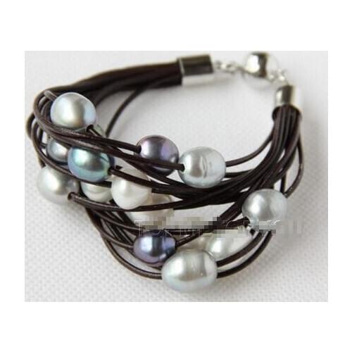 15Strands white gray black pearls wine red leather bracelet