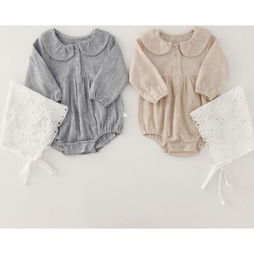 Spring Autumn Baby Girls Rompers Baby Clothes Turn-down Collar Long Sleeve Rompers + Cap Infant Girls Rompers