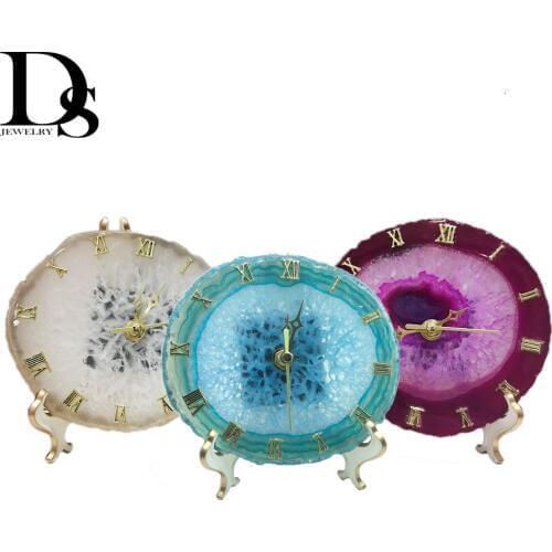 DS Natural Agate Slice Digital Clock Quartz Crystal Stone Mineral Rock Geode Druzy Desk Home Decoration Ornaments & Free Stand