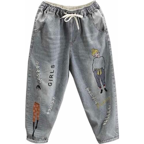 Denim Harem Pants Elastic Waist Vintage Hole Calf-Length Pants Korea Fashion Spring Women Jeans Cartoon Embroidery Loose