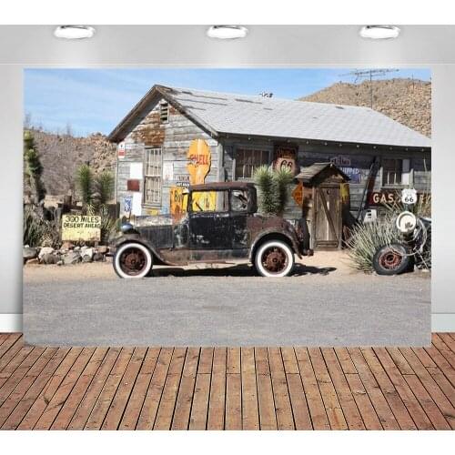 Highway Route 66 Gas Station Photography Backdrop Retro Rust Car Wooden House Weeds Asphalt Road Stones Scout Travel Banner