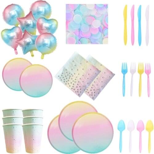 Gradient Rainbow Wedding Tableware Unicorn Plate Disposable Party Paper Tableware Unicorn Birthday Party Tableware Balloons