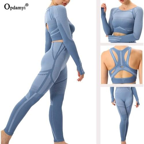 Yoga Set Seamless Women Sportswear Gradient Gym Clothing Long Sleeve High Waist Leggings Workout Sport Bra Suit Fitness Vest Set