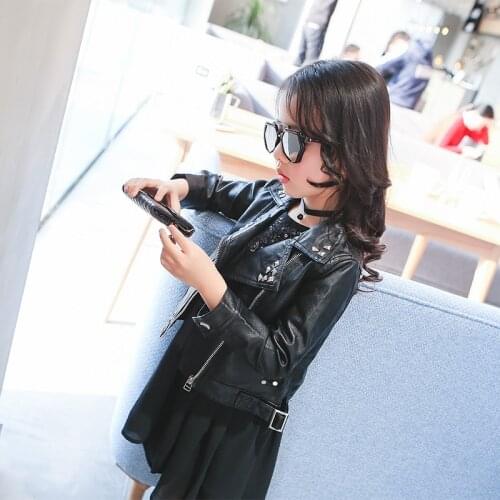 Girls leather jacket PU jacket for children 2-7 year old fashion rivet belt, lapel leather, motorcycle Cool wild rivets outwear