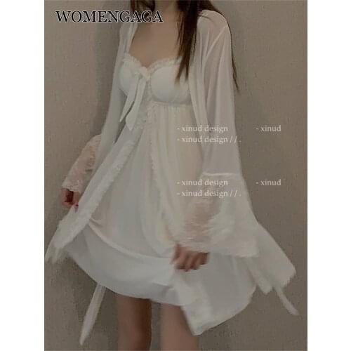 WOMENGAGA Hotel Holiday Retro Court Goddess Summer Japanese Mesh Lace Transparent Tank Mini Dress Dresses White Korean O3WY