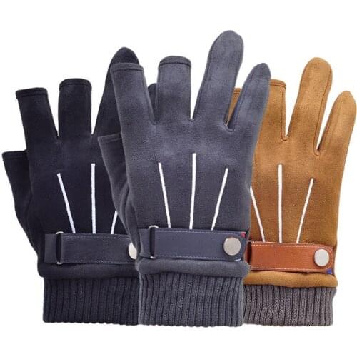 Exposed Three-finger Mens Gloves Winter Plus Suede Warm Button Knitted Cuffs Mittens Outdoor Sports Full Finger Winter Gloves