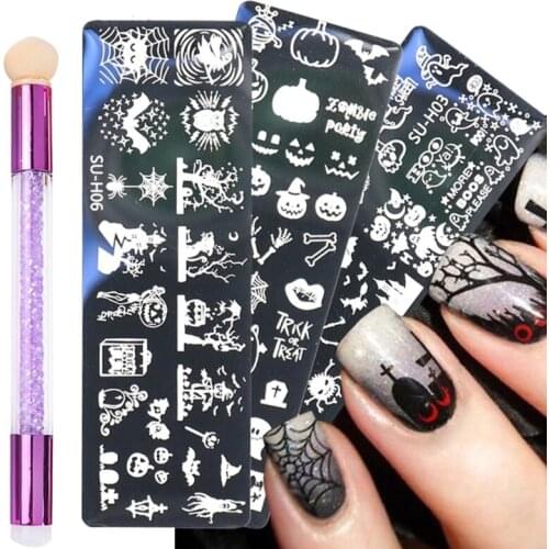Halloween Nail Stamper Kit Template Plates Horror Ghost Skull Pumpkin Spider Nail Art Stamping Plates Nail Brush