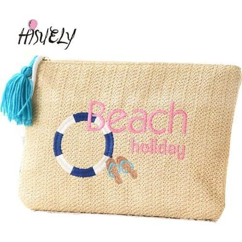 HISUELY New Embroidery Cactus Banana Swimmer Straw Bag Woven Beach Handbag Women Cute Tassel Purse Wallet Girl Party Gift sac