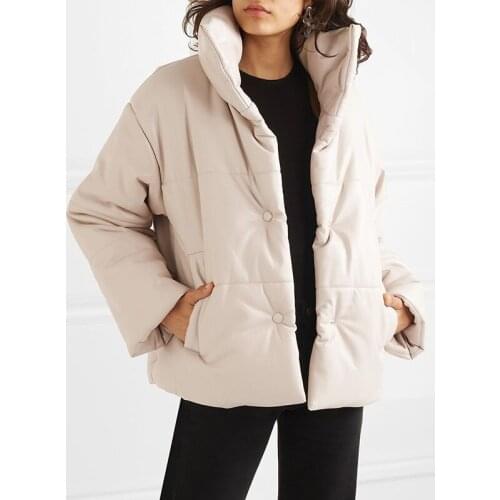 2021 New Women PU Leather Parkas Fashion High Street Solid Faxu Leather Coat Elegant Winter Thick Cotton Jackets Loose Outerwear