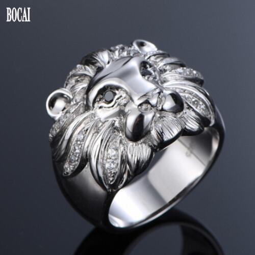 2020 BOCAI New jewelry fashion 925 silver ring for men zircon inlaid personality Lion King domineering mens ring free lettering