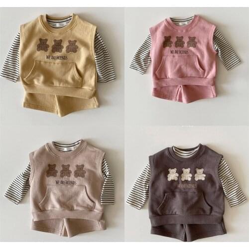 Autumn Long Sleeve Baby Clothes Set 2021 New Bear Print Sweatshirt + Striped Shirts + Shorts Children 3pcs Suit Kids Casual Set