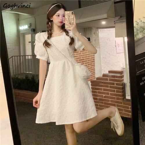 Dresses Womens Solid Puff Sleeve Simple Elegant Students French Style Fashion Female Summer Bows A-line Streetwear Leisure Retro