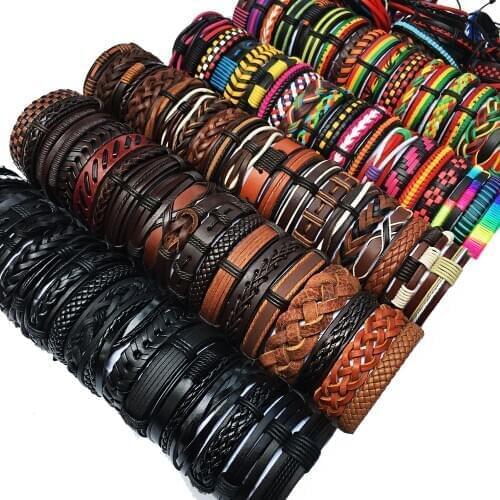Ramdon 50Pcs/set Wrap Woven Fashion Handmade Men Bracelets Male Women Leather Bracelet Men Bangle Wholesale Jewelry Gift WP13