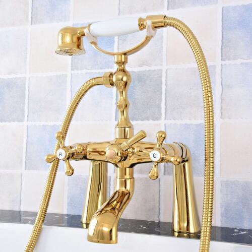 Luxury Gold Color Brass Deck Mounted Bathroom Tub Faucet Dual Handles Telephone Style Hand Shower Clawfoot Tub Filler atf785