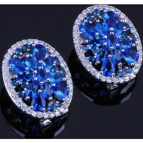 Magic Blue Cubic Zirconia White CZ Silver Plated Clip Hoop Huggie Earrings V0376