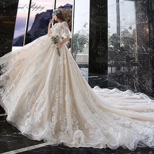 Vestido de Noiva A-line V-neck Lace Appliques Wedding Dresses 2020 Floor Length Half Sleeves Beaded Bridal Gowns Cathedral Train