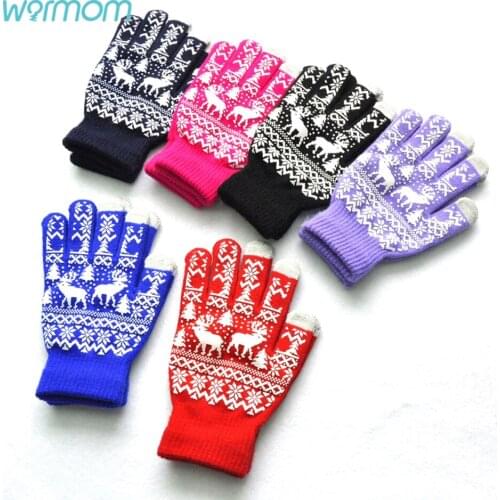 Warmom 16Y Winter Warm Knitted Kids Gloves for Boy Girl Christmas Tree Elk Snowflake Offset Printed Non-slip Acrylic Gloves