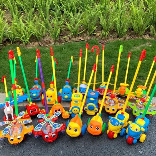 Baby Walker Toy Hand Push Pull Walks Plane Rod Push Cart Single Rod Blink Eyes Drag Tongue Toddler Walking Toys Randomly