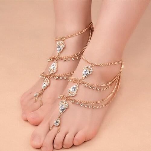 Vintage Bohemia Gold Silver Color Multilayer Crystal Chain Ankle Anklets Fashion Charm Toe Ring Anklets For Women Foot Jewelry