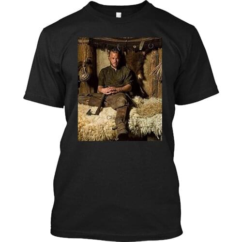 Vikings Photo Travis FimmelRagnar Lothbrok Sexy Sitting On Animal Skins WAxe Movies T Shirt Gift Tee for Men Women