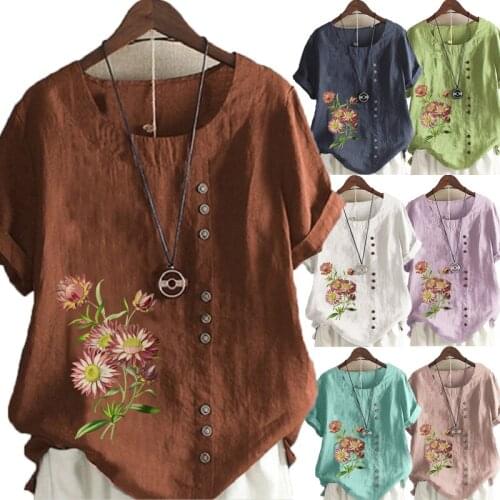 Womens New Fashion Summer Floral Printed Round Neck Short Sleeve T-shirt Casual Loose Solid Color Blouse Tops Plus Size