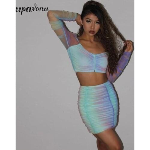 Free Shipping 2021 New Womens Gradient Color Set Sexy Draped Tulle Long Sleeve Short Top & Mini Skirt Club Party Two-piece Set