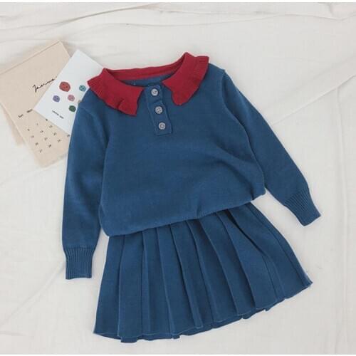 2020 Spring Princess Girls Knitted Set Korean Fashion Long Sleeve Turn Down Collar Sweater+Pleated Skirt 2pc Girls Outfit 1-8Yrs
