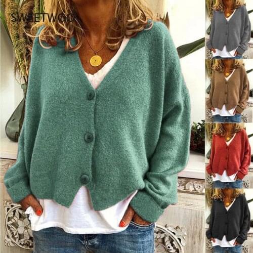 2021 Autumn and Winter European and American Womens Knitted Sweater Cardigan Solid Color Long-Sleeved V-Neck Sweater Women