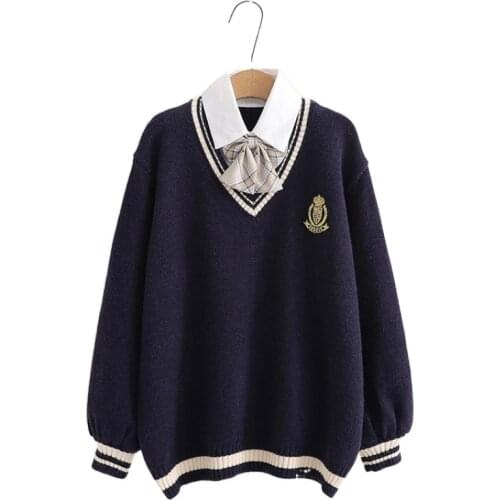 Fake 2 Piece Patchwork Women Sweater 2021 Winter Full Sleeve Turndown Collar Bear Emroidery Knit Pullover Korean Female Soft Top