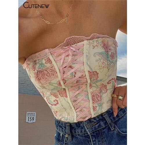 Cutenew Sexy One Shoulder Floral Printing Women Strapless Crop Tops Summer Sleeveless Bandage Bustier Club Party Female Tank Top
