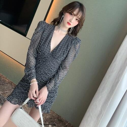 Korean Fashion Ruched Vintage Dress Women Long Sleeve V-neck Black Mini Dress Ladies Print Polka Dot Dresses for Women Summer