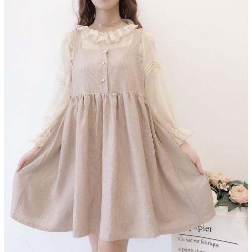 2019 Autumn Cute Girls Daily Chiffon Transparent Inner Shirt Long Sleeve Blouse & Beige Suspender Dress 2PCS Set Matching Sets