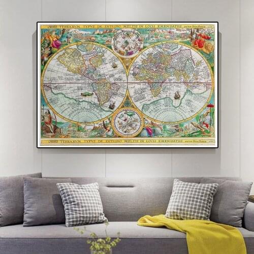 150x225cm Old Version 1594 World Map Non-woven Retro Map for School and Learner World Map Poster Wallpaper Office Home Supplies