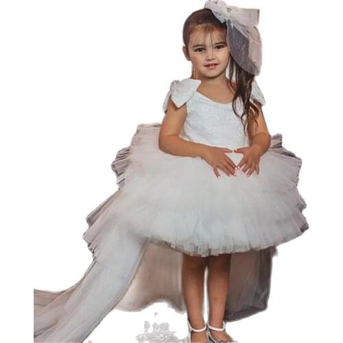White Flower Girl Dress Puffy Shining Princess Dresses For Girls Tulle Bow First Communion Gown Disassemble Skirt