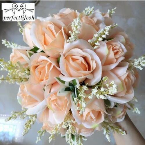 Free shipping wedding bouquet Rice white, champagne roses Korean bride wedding simulation bouquet of flowers holding hands