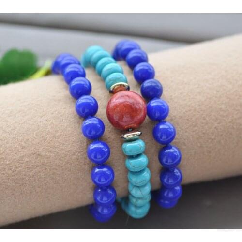 Z10165 3Row 8" lapis-lazuli & Turquoise & Grass Coral Bracelet