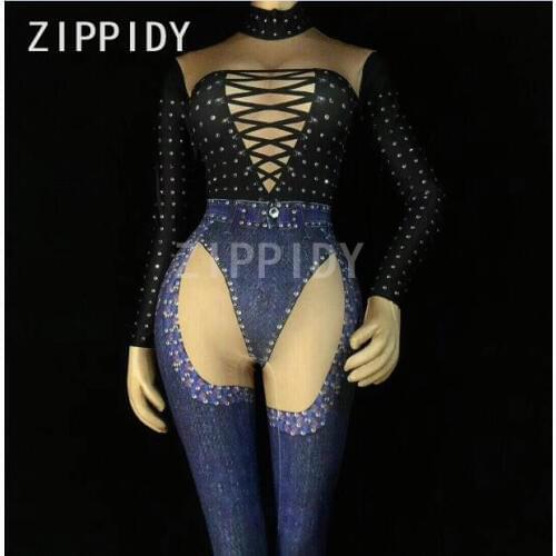 Black Bandage Jeans Printed Jumpsuit Rhinestones Stretch Outfit Nightclub Female Singer Prom Party Bodysuits One-piece Clothes