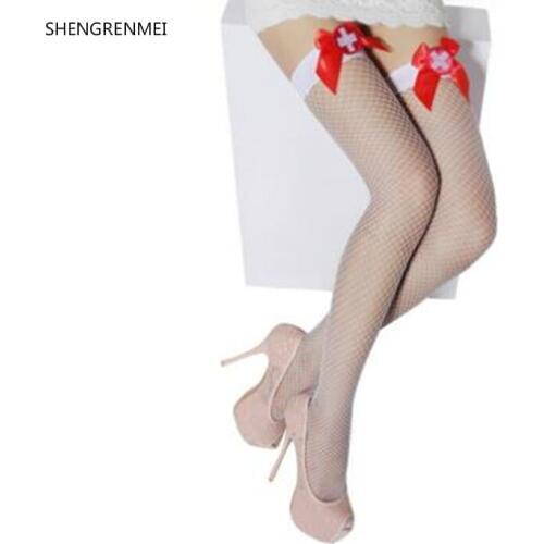 Shengrenmei White Nurse Stockings Red Bow Decorations Betterfly Fishnet Charming Non Slip Stockings Women Sexy Ladies Hosiery