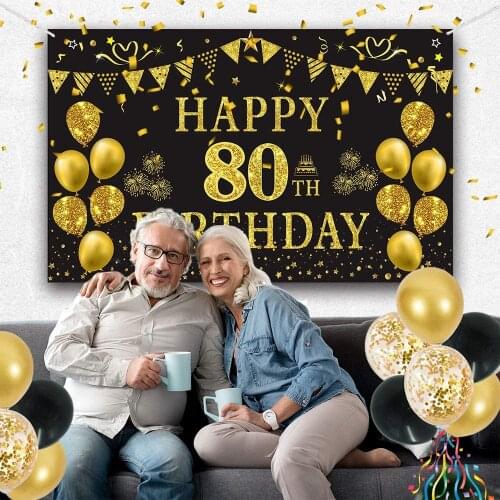 80th Birthday Backdrop Gold and Black Happy Birthday Party Decor Banner for Women Men Photography Happy Birthday Decoration