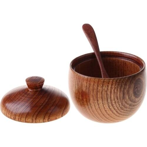 K5DC Wooden Salt Box Condiment Seasoning Storage Container Spice Box With Spoon