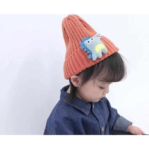 Kids Autumn and winter cartoon dinosaur shape knitted hat Korean kids warm hooded hat boys and girls woolen head hat