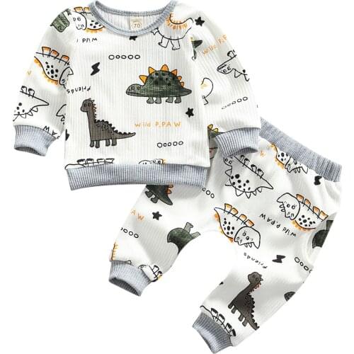 Childrens Clothing Set Autumn Creative Cartoon Dinosaur Printing Round Collar Long Sleeve Tops Long Pants Baby Boy Clothes
