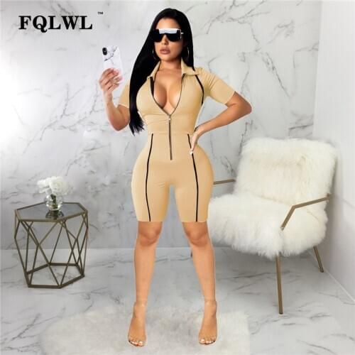 FQLWL Deep V Neck Black Pink Bodycon Summer Jumpsuit Short Playsuit Long Sleeve Zipper Ladies Sexy Romper Womens Jumpsuit Female