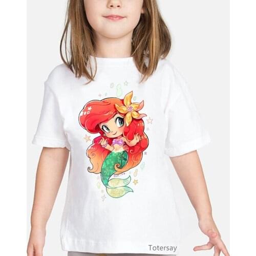 Pretty Girl and Fish Friends T Shirt Girls Kawaii Kids Clothes Harajuku Summer Tops for Girls White Short Sleeve T-shirt