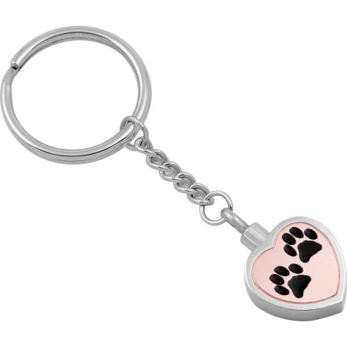 IJK2033 Stainless steel cremation jewelry heart shape funeral keychain ashes holder keepsake with paw printing pet urn key ring