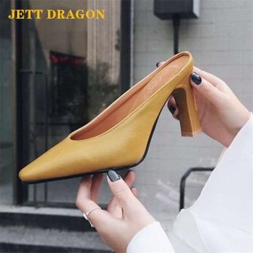 JETT DRAGON Women Slippers Super High Heel Pointed Toe Thick Heel 2021 Summer Spring Outside Casual New Sexy Fashion Beige 39