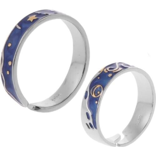 2Pcs S925 Plated Van Gogh Blue Starry Sky Moon Open Lover Rings Romantic Jewelry Gifts